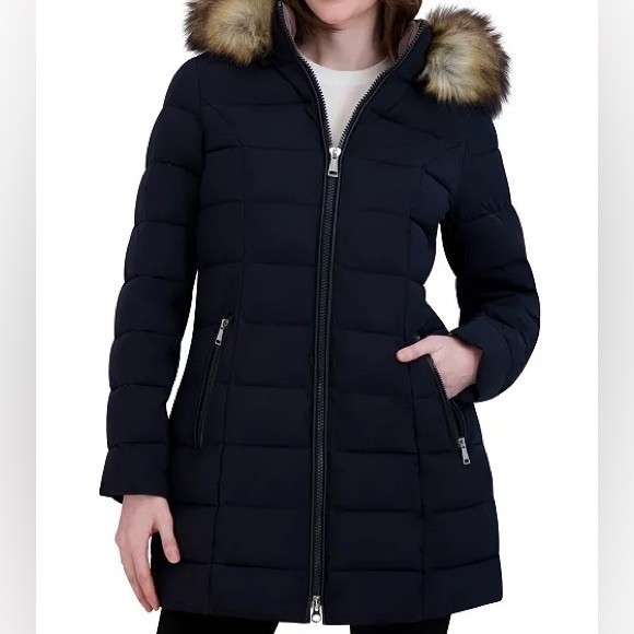 Laundry By Shelli Segal Jackets & Blazers - Women's Stretch Faux-Fur Trim Hooded Puffer Coat - Laundry by Shelly Segal